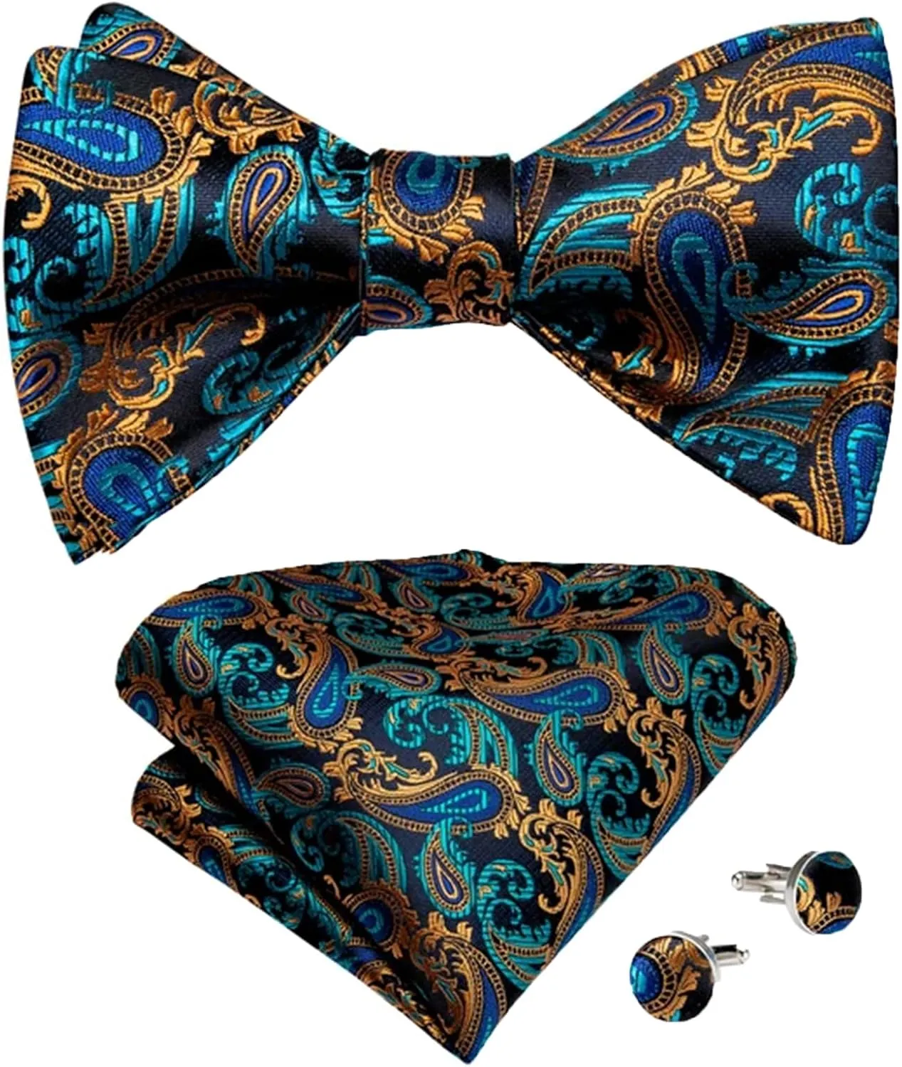 Adjustable Men's Silk Bowties Formal Self Bow Tie Men Paisley Wedding Bow Tie Handkerchief Cufflinks Set Tuxedo Bow