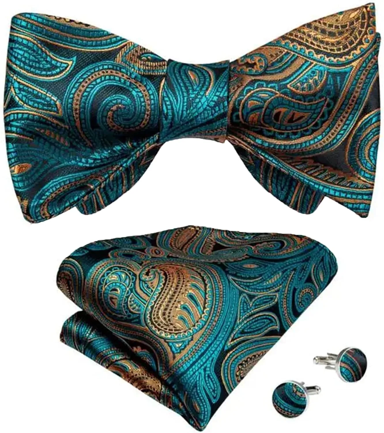 Adjustable Men's Silk Bowties Formal Self Bow Tie Men Paisley Wedding Bow Tie Handkerchief Cufflinks Set Tuxedo Bow