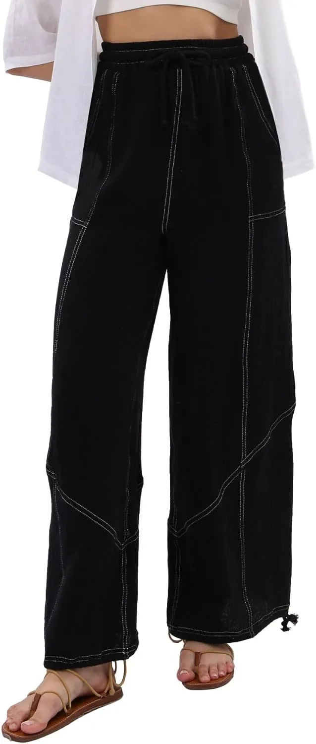Amazhiyu Women's Summer Casual Cotton Gauze Cargo Joggers Drawstring Flowy Pants