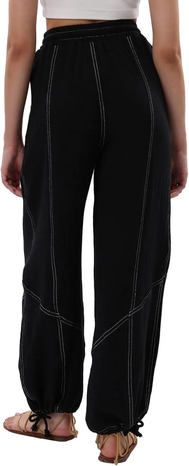 Amazhiyu Women's Summer Casual Cotton Gauze Cargo Joggers Drawstring Flowy Pants