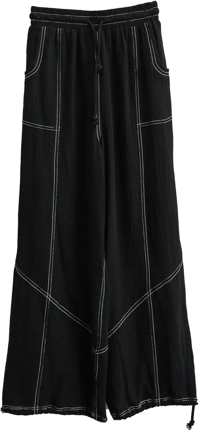 Amazhiyu Women's Summer Casual Cotton Gauze Cargo Joggers Drawstring Flowy Pants