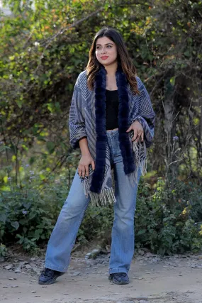 Amazing Navy Blue Colour Woollen Cashmere Faux Fur Cape Stole.