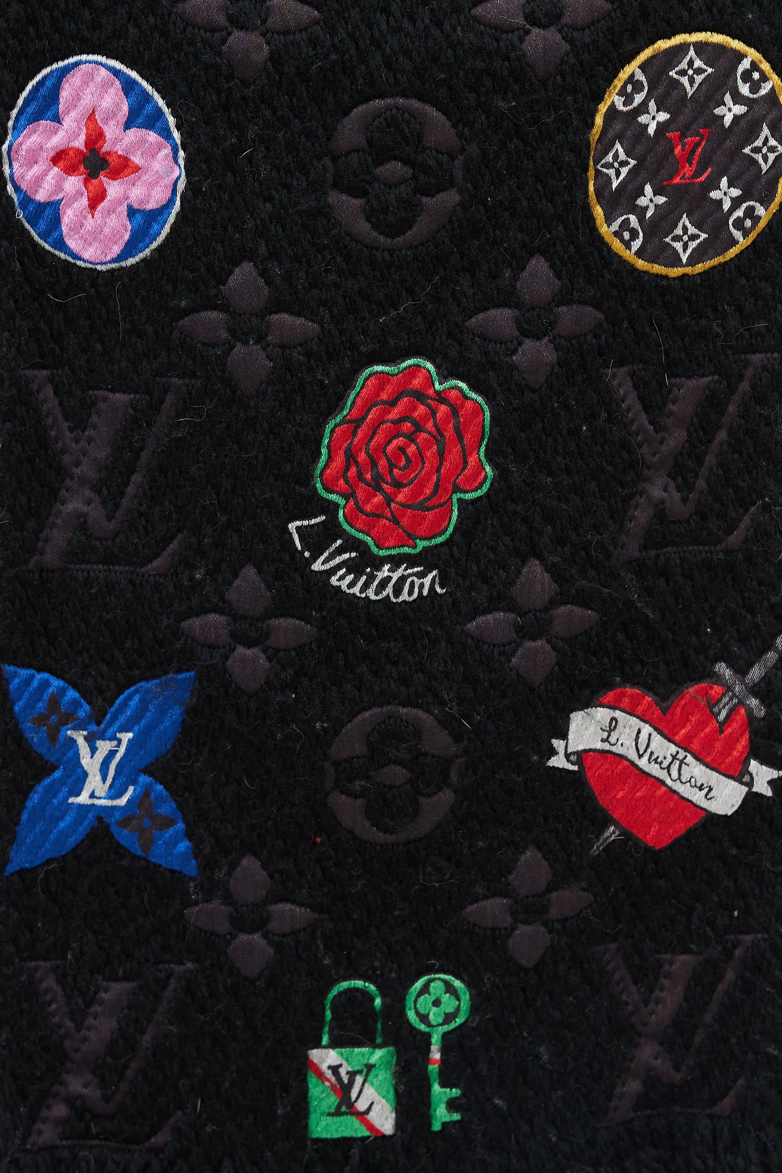 Black & Multicolour Floral Monogram Wool Scarf