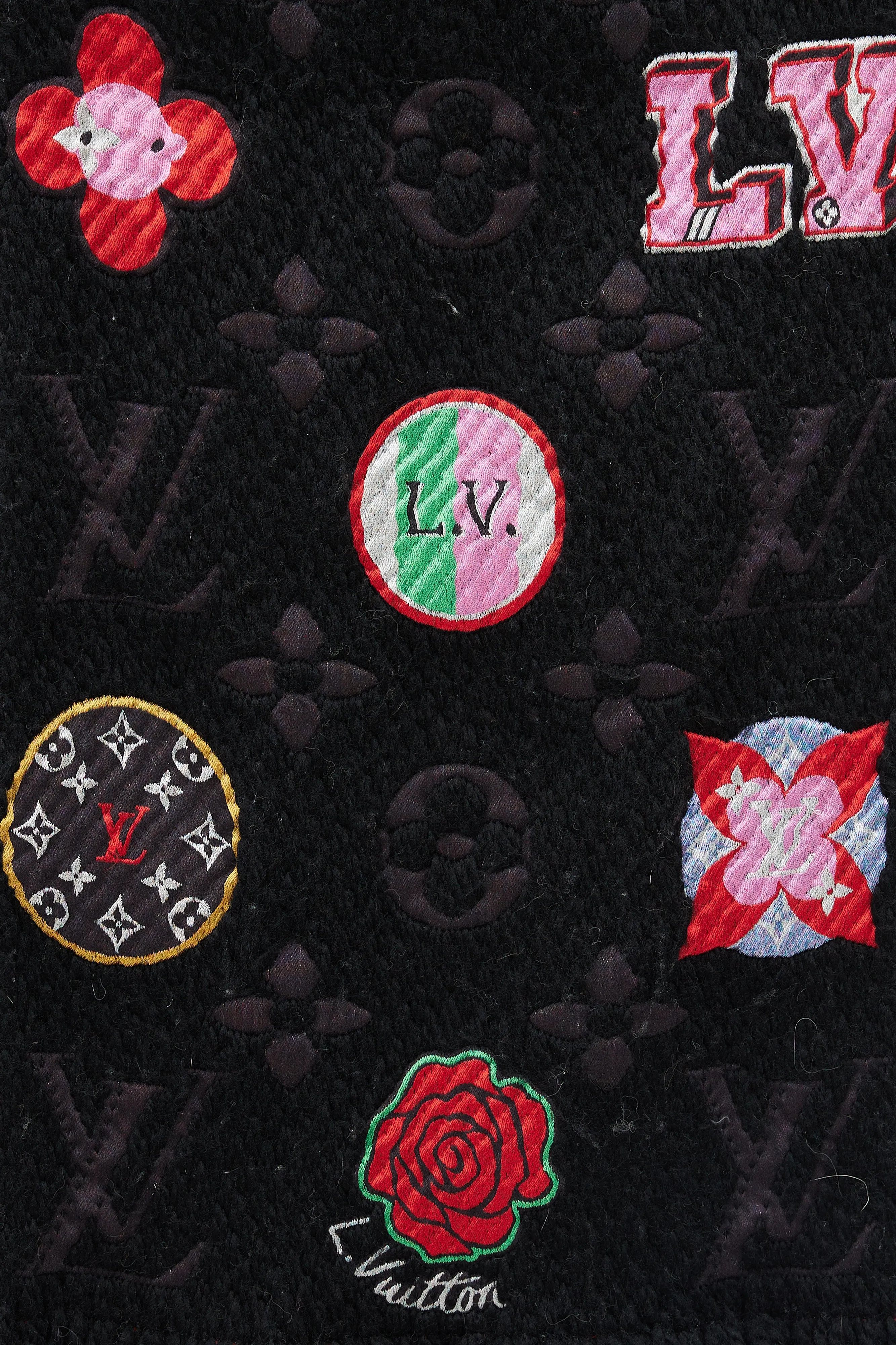 Black & Multicolour Floral Monogram Wool Scarf