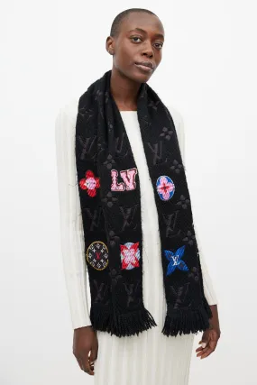 Black & Multicolour Floral Monogram Wool Scarf