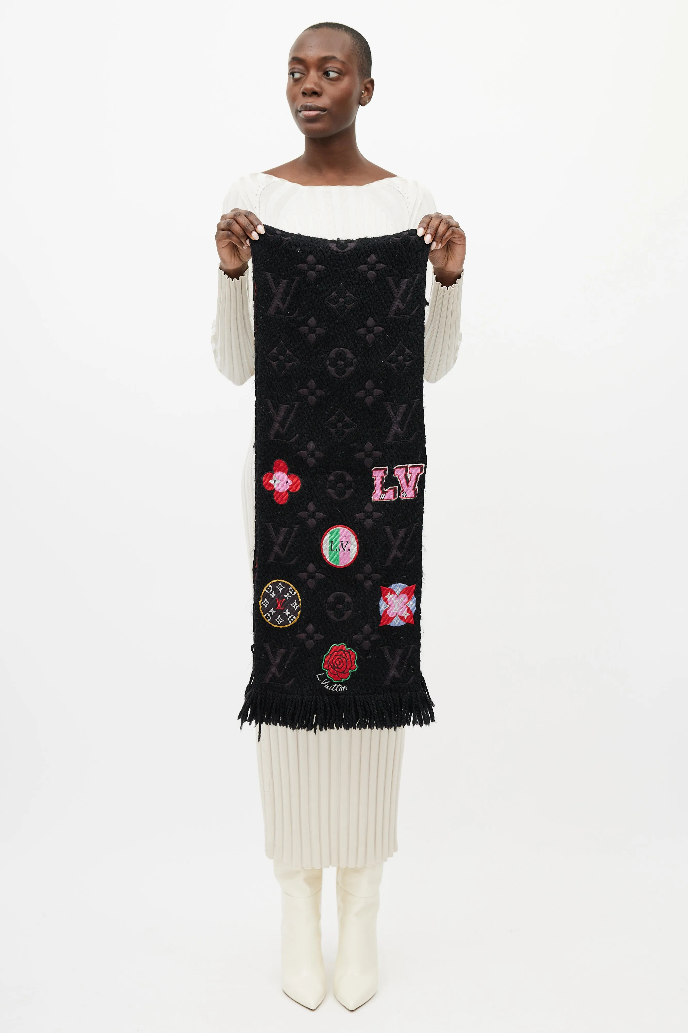 Black & Multicolour Floral Monogram Wool Scarf