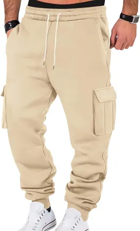 Cargo Sweatpants for Men Elastic Waist Gym Workout Fleece Lined Joggers with Pockets Baggy Tall Cotton Sweatpants