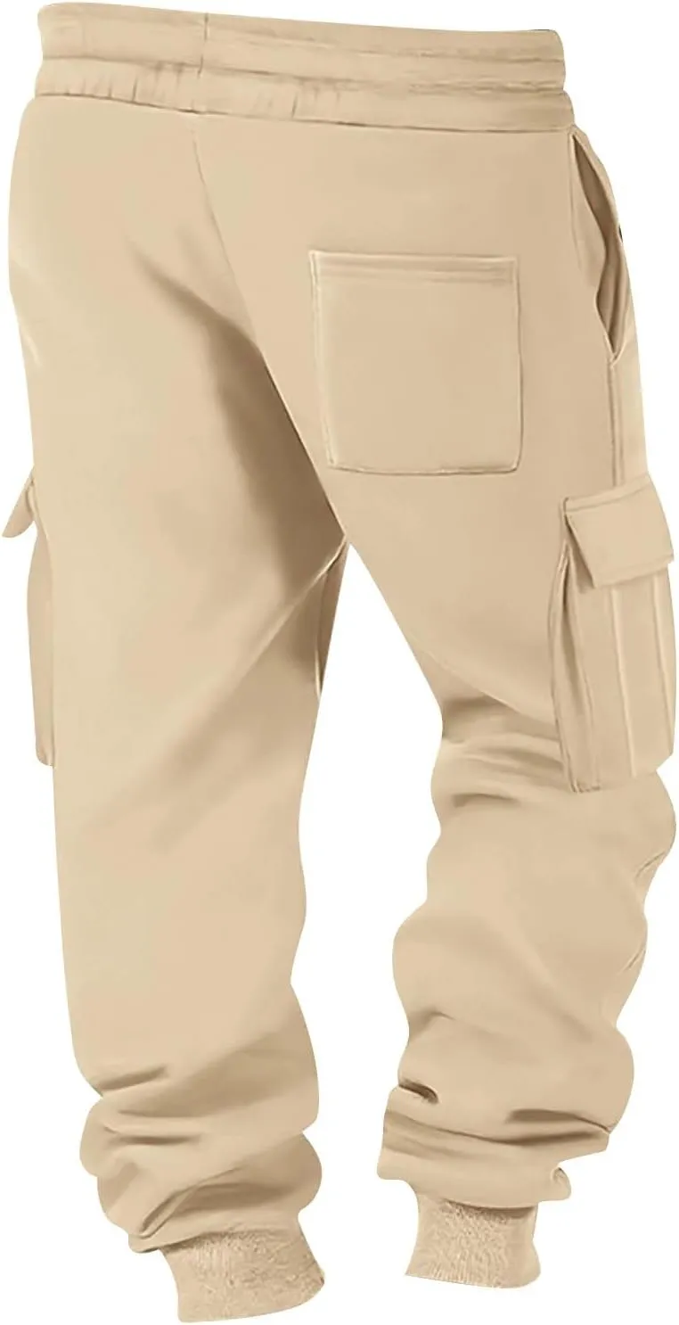 Cargo Sweatpants for Men Elastic Waist Gym Workout Fleece Lined Joggers with Pockets Baggy Tall Cotton Sweatpants