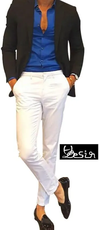 HBDesign Mens Casual Slim Fit Flat Front Straight Iron Free Trousers White