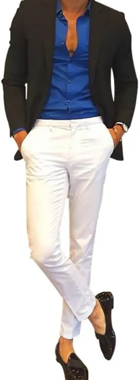 HBDesign Mens Casual Slim Fit Flat Front Straight Iron Free Trousers White