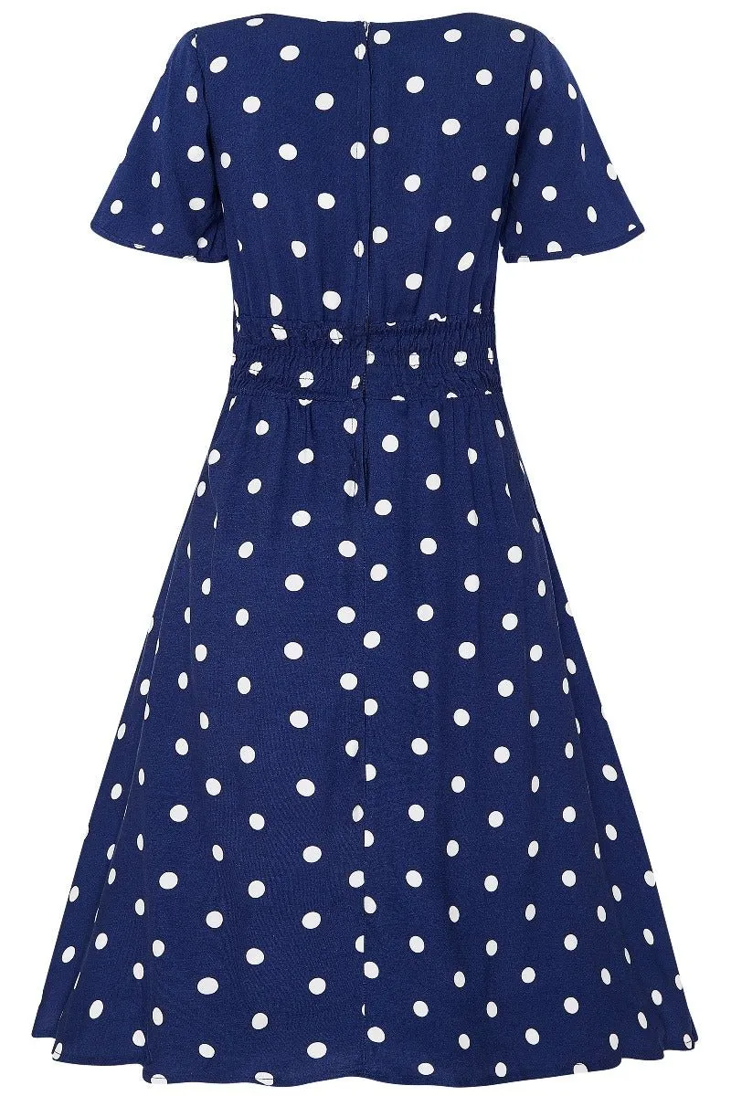 Janice Summer Tea Dress in Dark Blue/White Polka Dot Print
