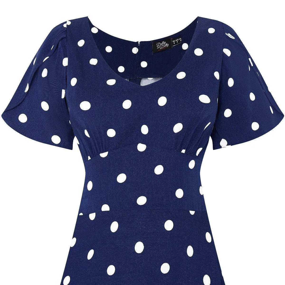 Janice Summer Tea Dress in Dark Blue/White Polka Dot Print