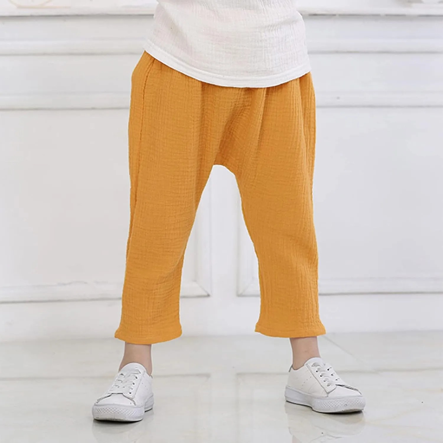 Kids Boys Girls Sweatpant Cotton Linen Harem Pants Solid Color Elastic Waist Wide Leg Casual Outdoor Trousers