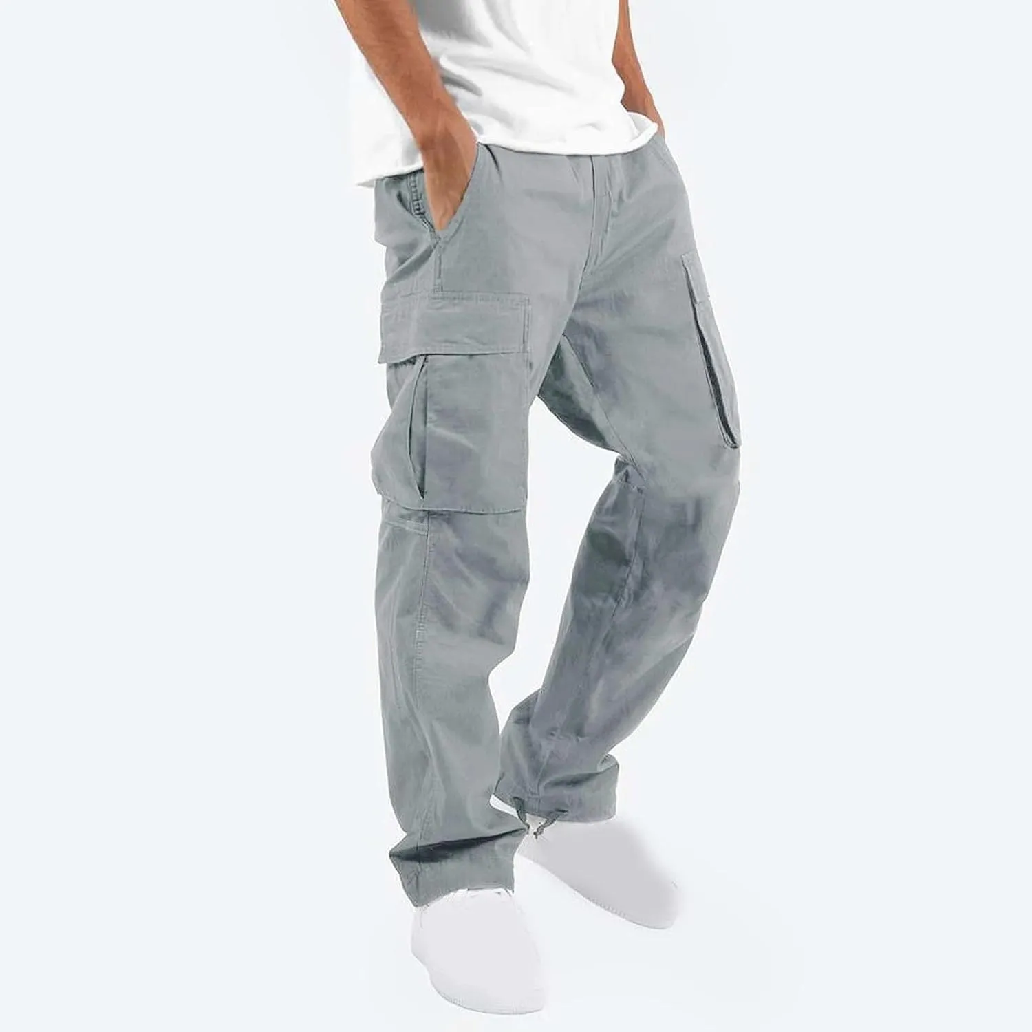 Men Cargo Sweatpants Loose Casual Work Pants Joggers Open Bottom Drawstring Cargos Athletic Cotton Straight Sweat Pant