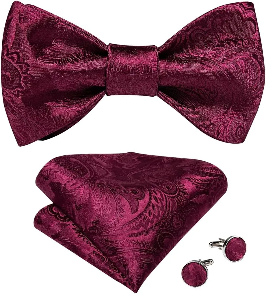 Men's Bow Tie Self Tie Silk Bowties Fashion Wedding Party Paisley Bowknot Tie Set Hanky Cufflink