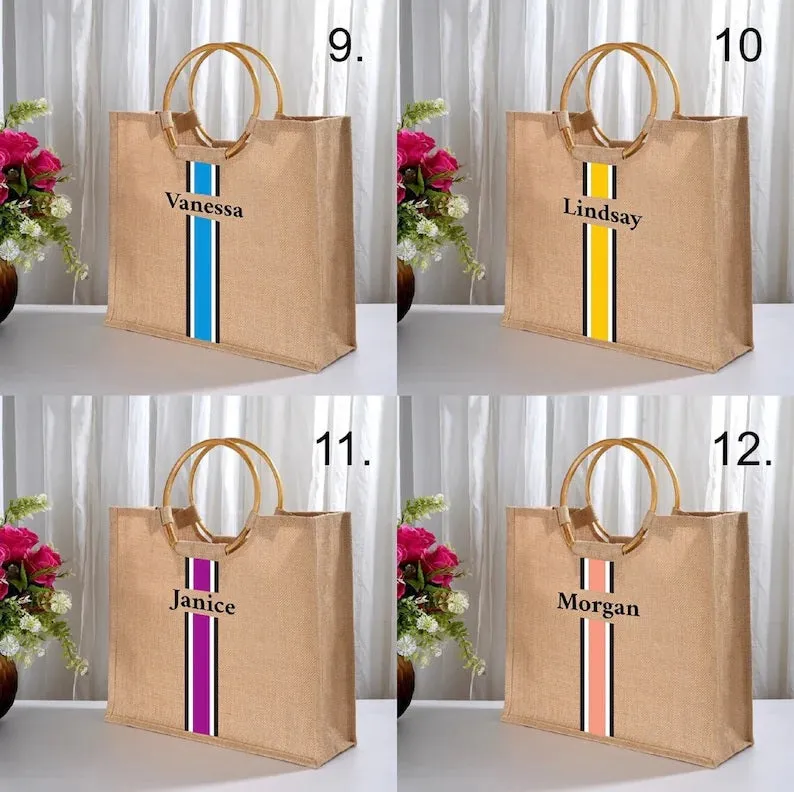 Personalized Custom Burlap Wooden Handle Jute Bag