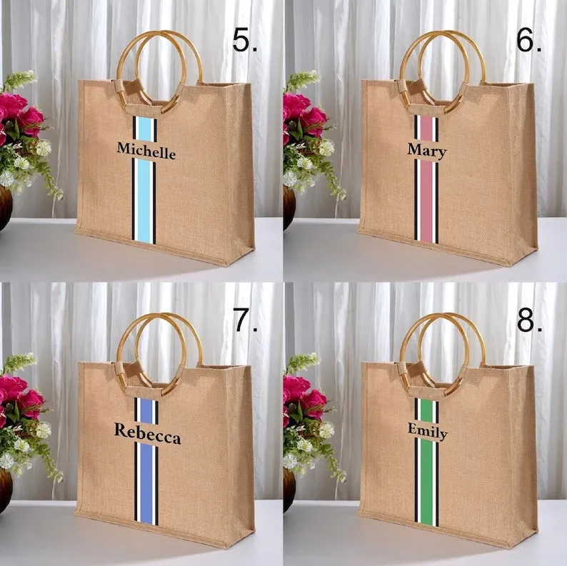 Personalized Custom Burlap Wooden Handle Jute Bag