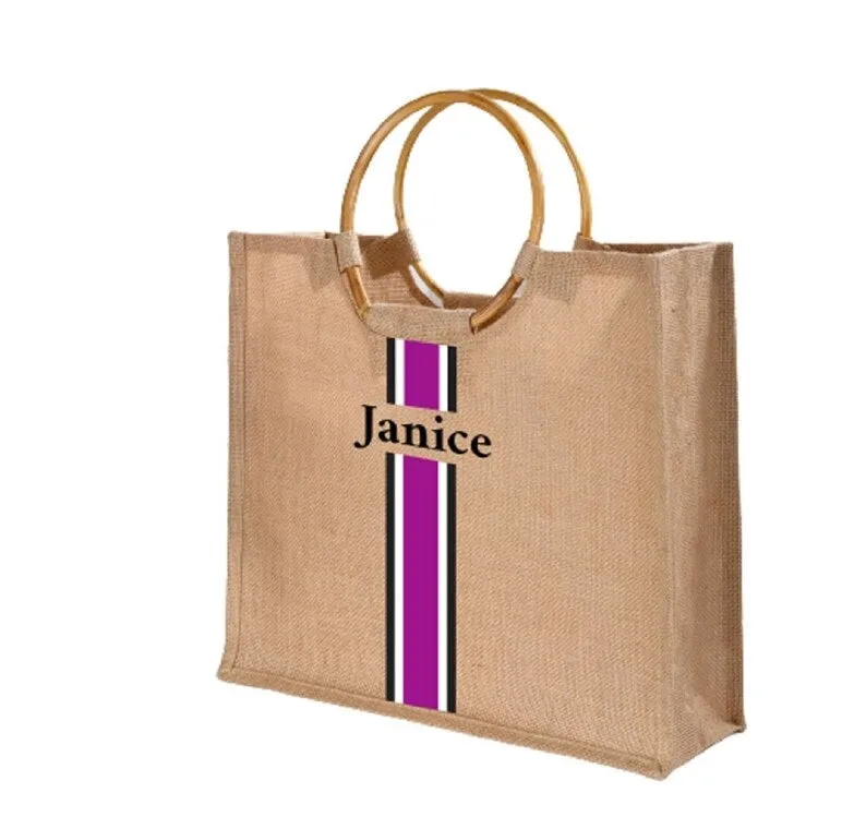 Personalized Custom Burlap Wooden Handle Jute Bag