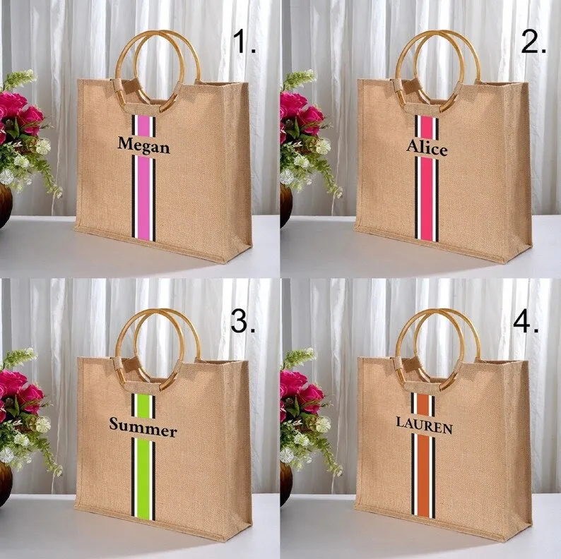 Personalized Custom Burlap Wooden Handle Jute Bag