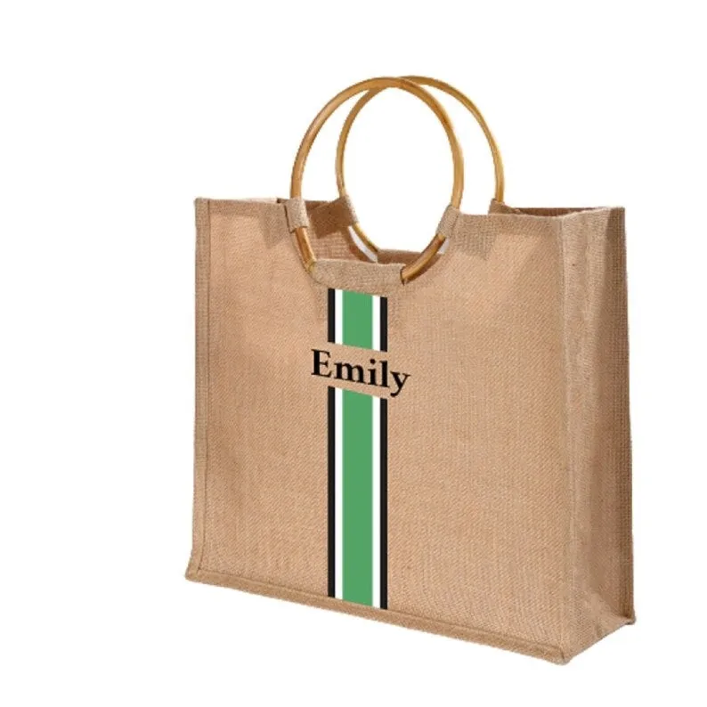 Personalized Custom Burlap Wooden Handle Jute Bag