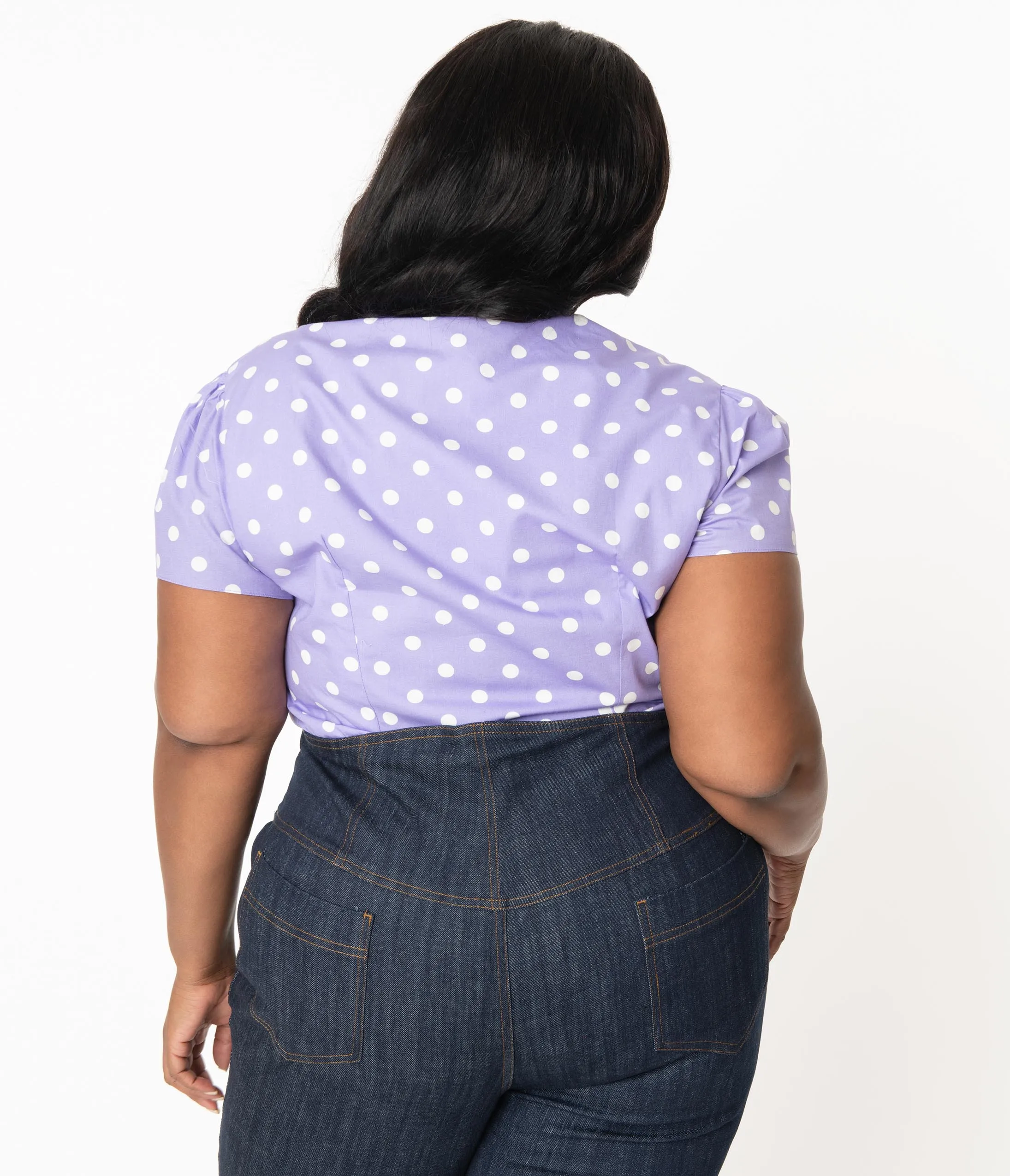 Plus Size Purple & White Polka Dot Print Bow Blouse