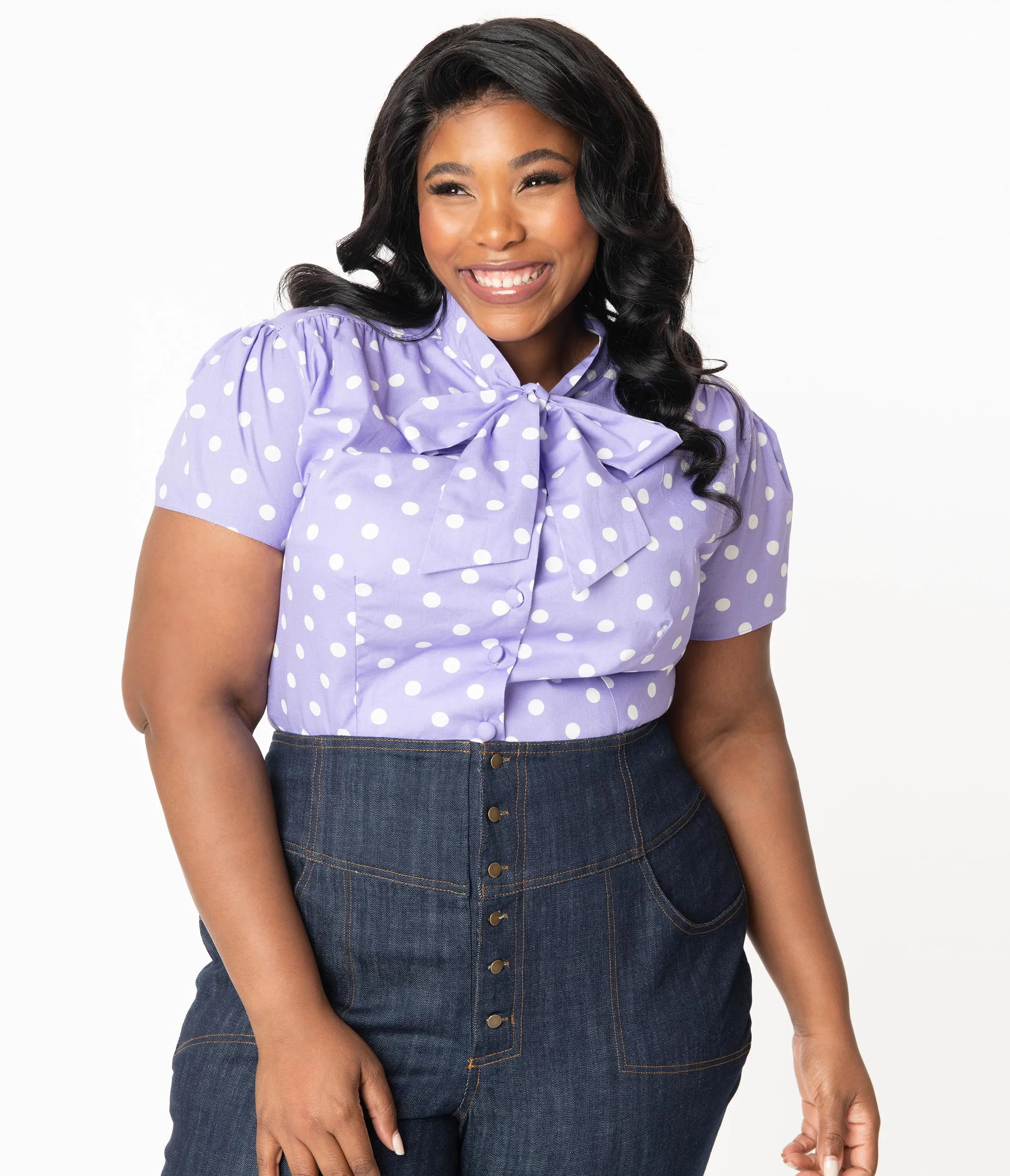 Plus Size Purple & White Polka Dot Print Bow Blouse