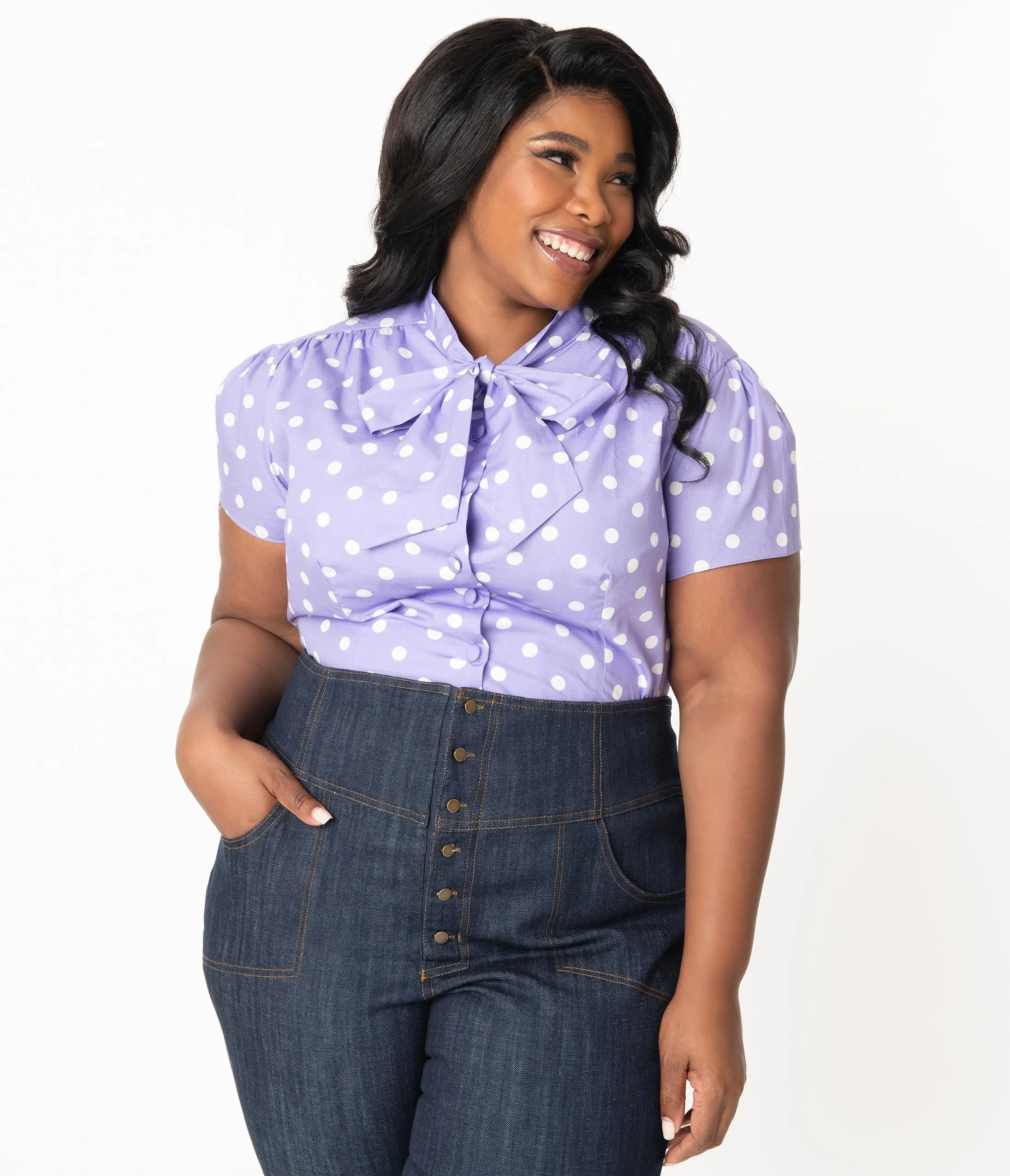 Plus Size Purple & White Polka Dot Print Bow Blouse