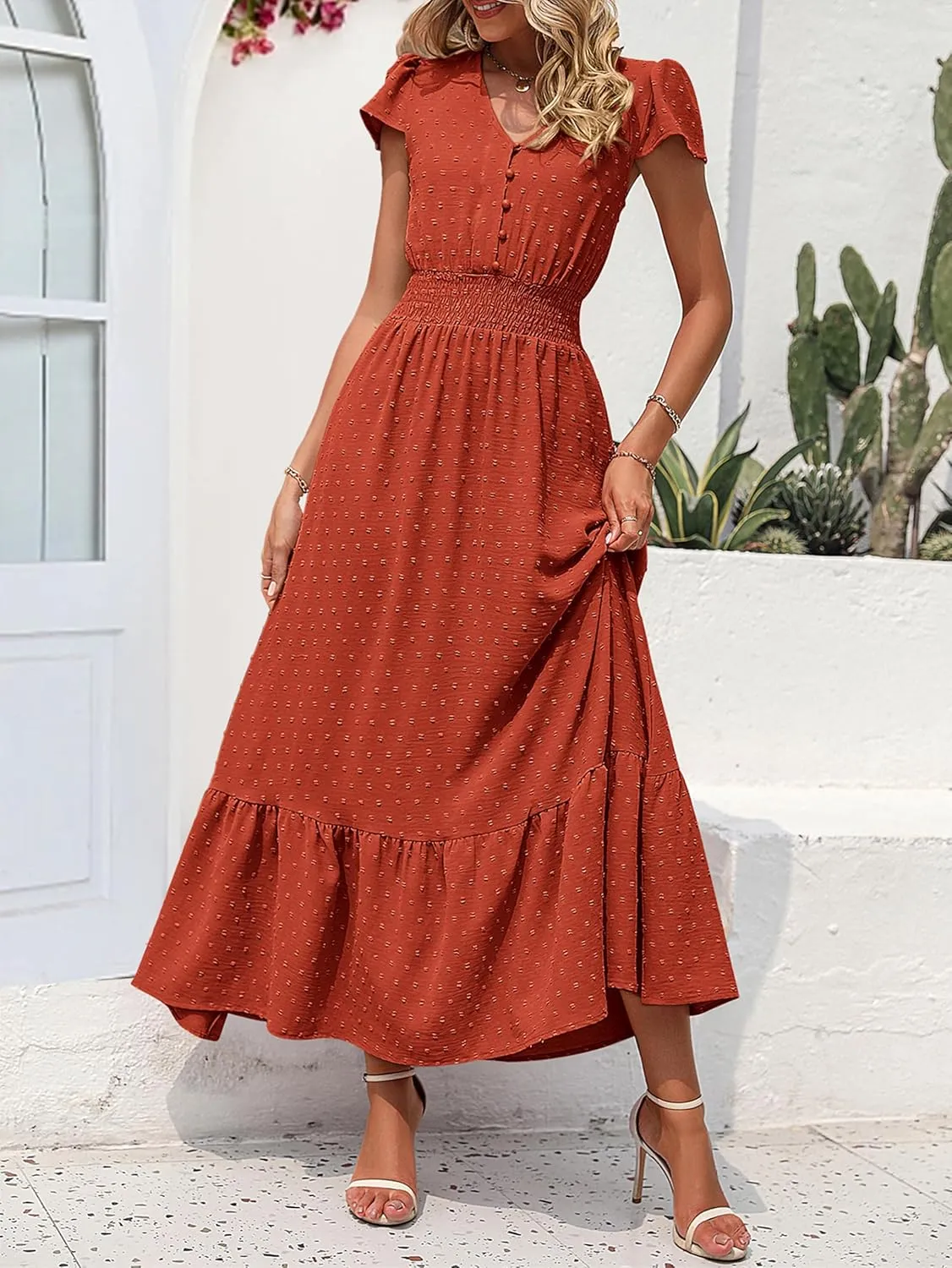 PRETTYGARDEN Womens Dresses 2025 Summer Maxi Dress Boho Short Sleeve V Neck Swiss Dot Ruffle Tiered Smocked Flowy Long Dress