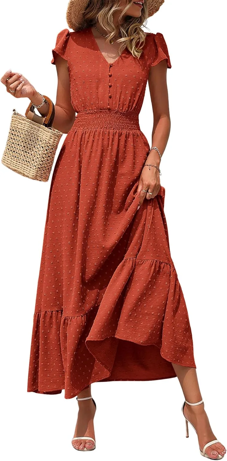 PRETTYGARDEN Womens Dresses 2025 Summer Maxi Dress Boho Short Sleeve V Neck Swiss Dot Ruffle Tiered Smocked Flowy Long Dress