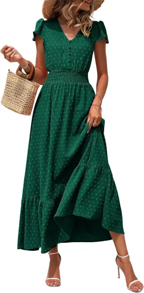 PRETTYGARDEN Womens Dresses 2025 Summer Maxi Dress Boho Short Sleeve V Neck Swiss Dot Ruffle Tiered Smocked Flowy Long Dress