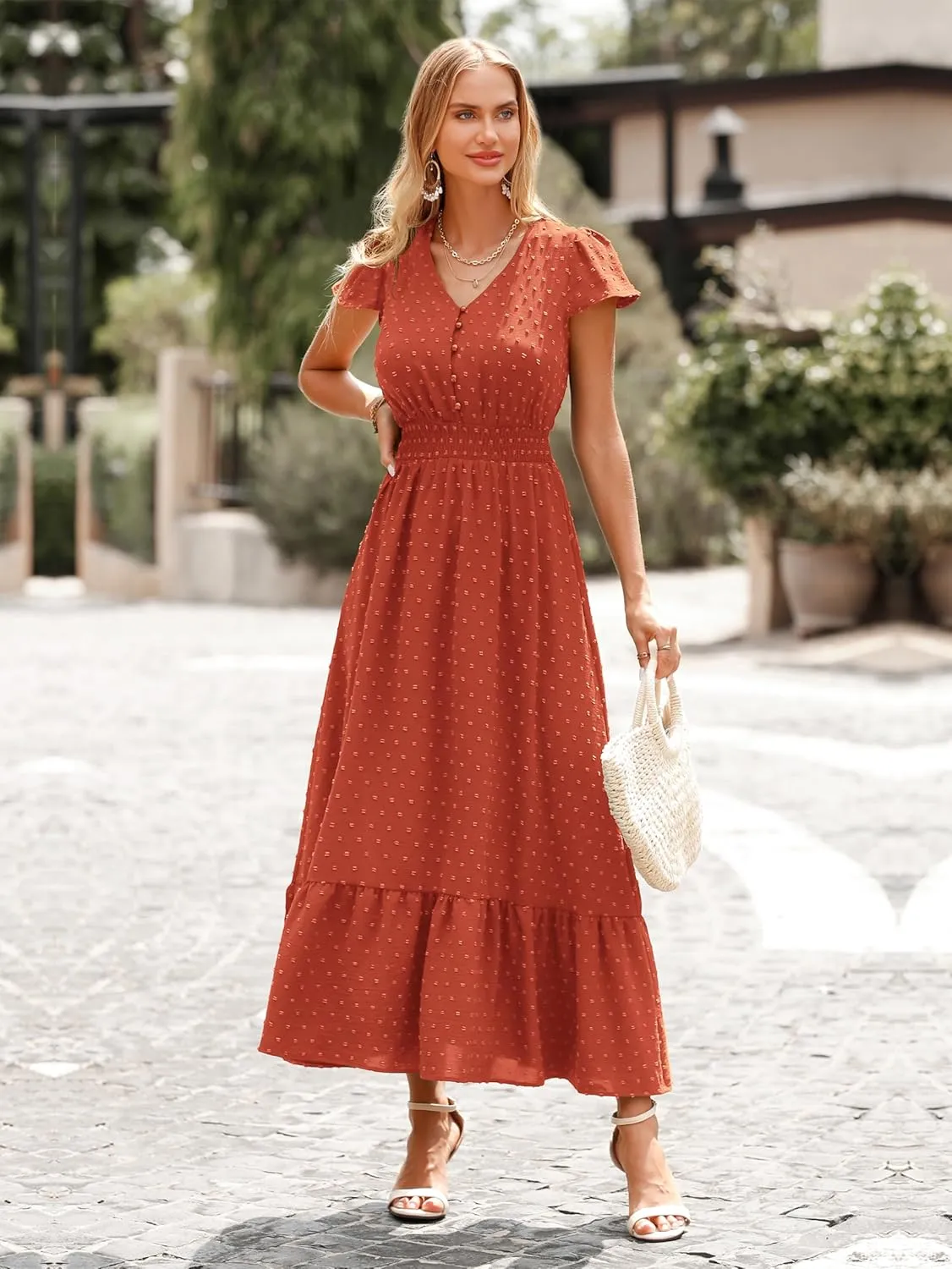 PRETTYGARDEN Womens Dresses 2025 Summer Maxi Dress Boho Short Sleeve V Neck Swiss Dot Ruffle Tiered Smocked Flowy Long Dress