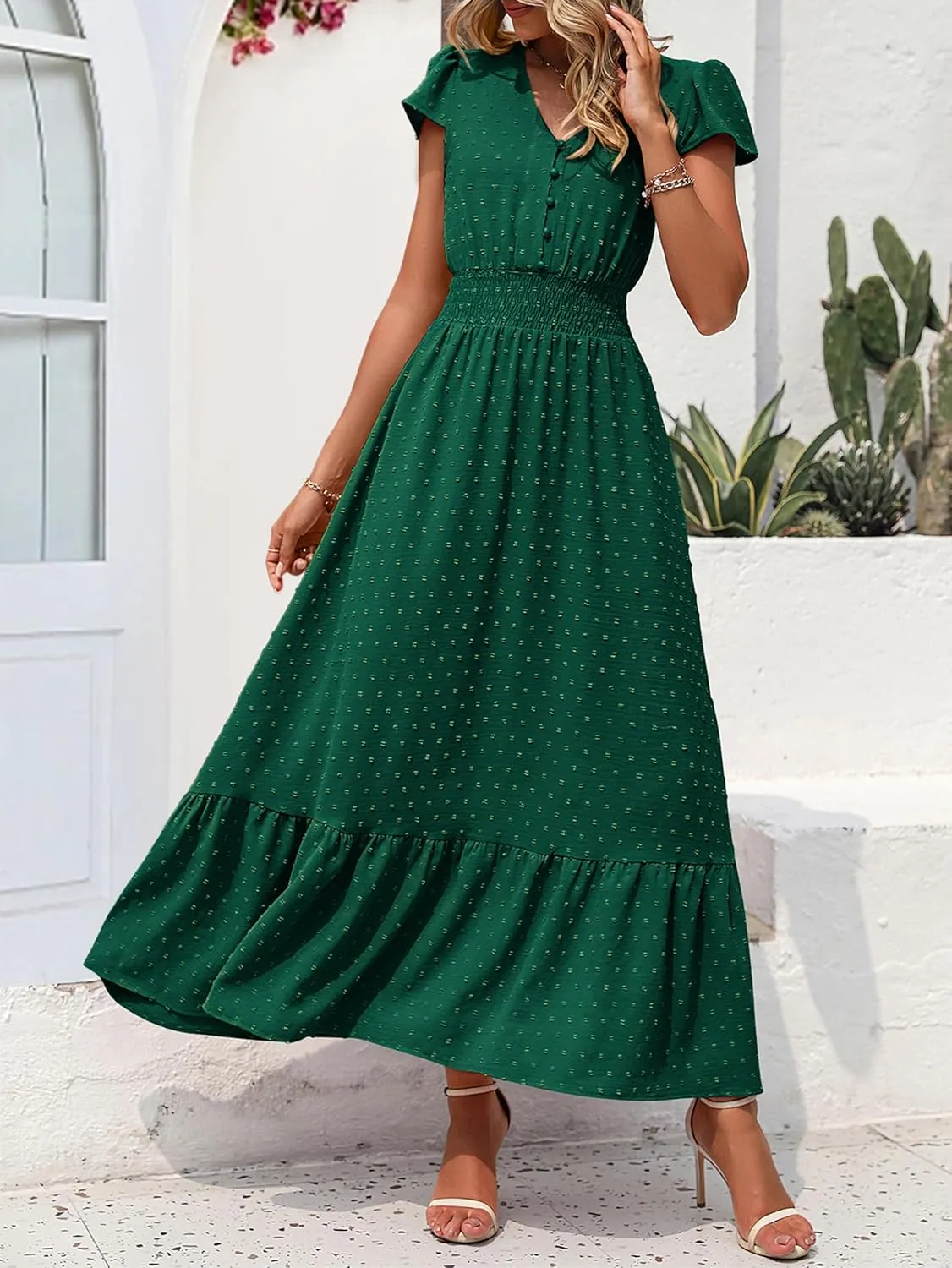 PRETTYGARDEN Womens Dresses 2025 Summer Maxi Dress Boho Short Sleeve V Neck Swiss Dot Ruffle Tiered Smocked Flowy Long Dress