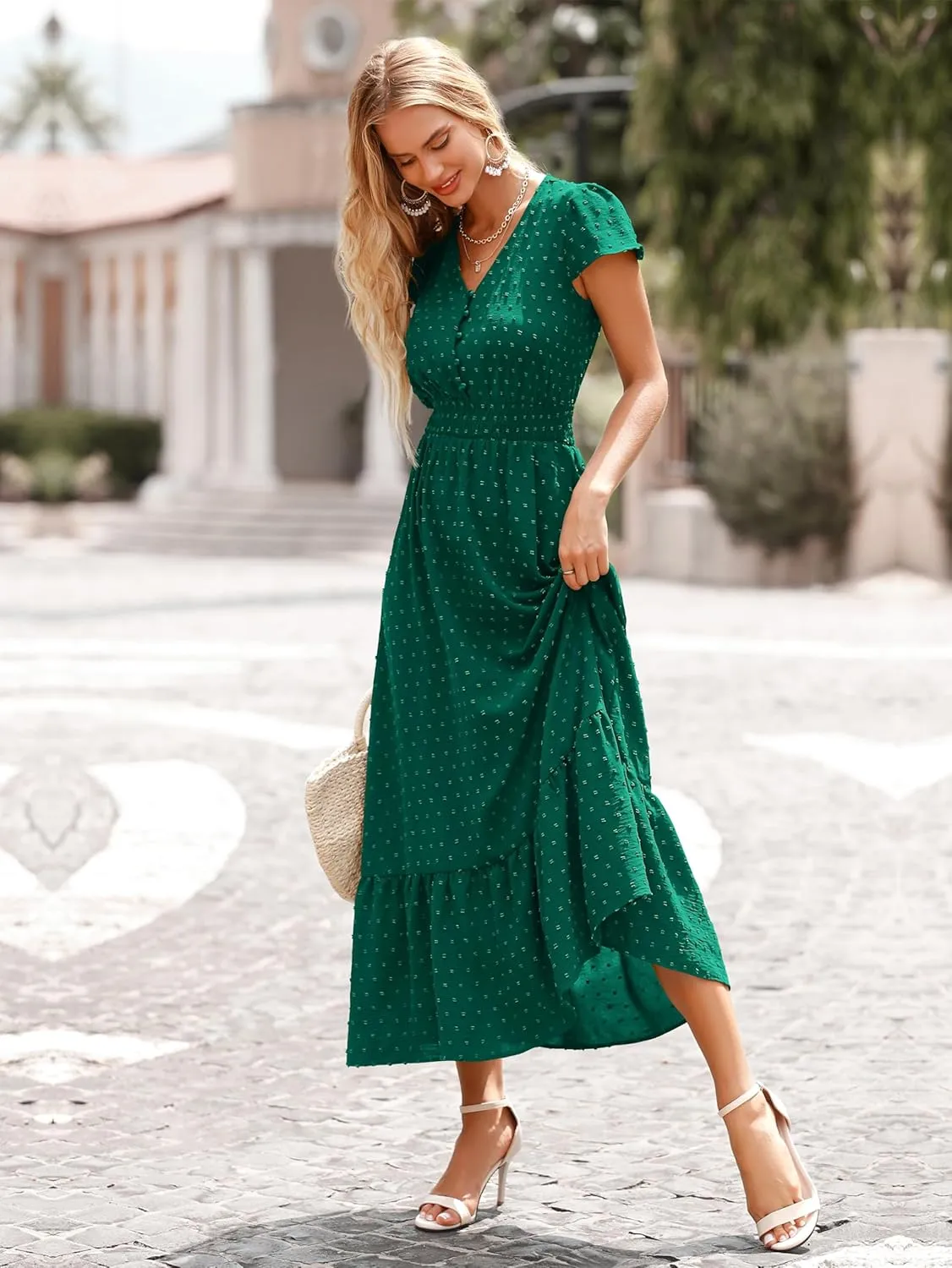 PRETTYGARDEN Womens Dresses 2025 Summer Maxi Dress Boho Short Sleeve V Neck Swiss Dot Ruffle Tiered Smocked Flowy Long Dress