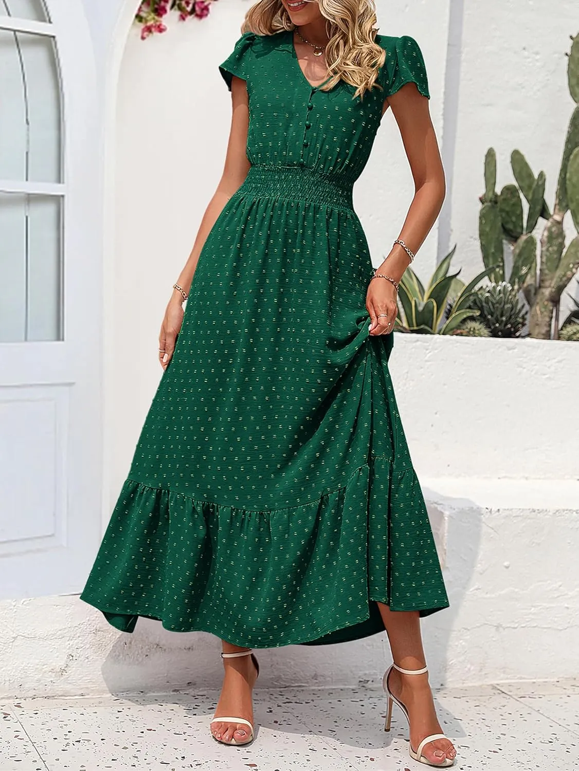 PRETTYGARDEN Womens Dresses 2025 Summer Maxi Dress Boho Short Sleeve V Neck Swiss Dot Ruffle Tiered Smocked Flowy Long Dress