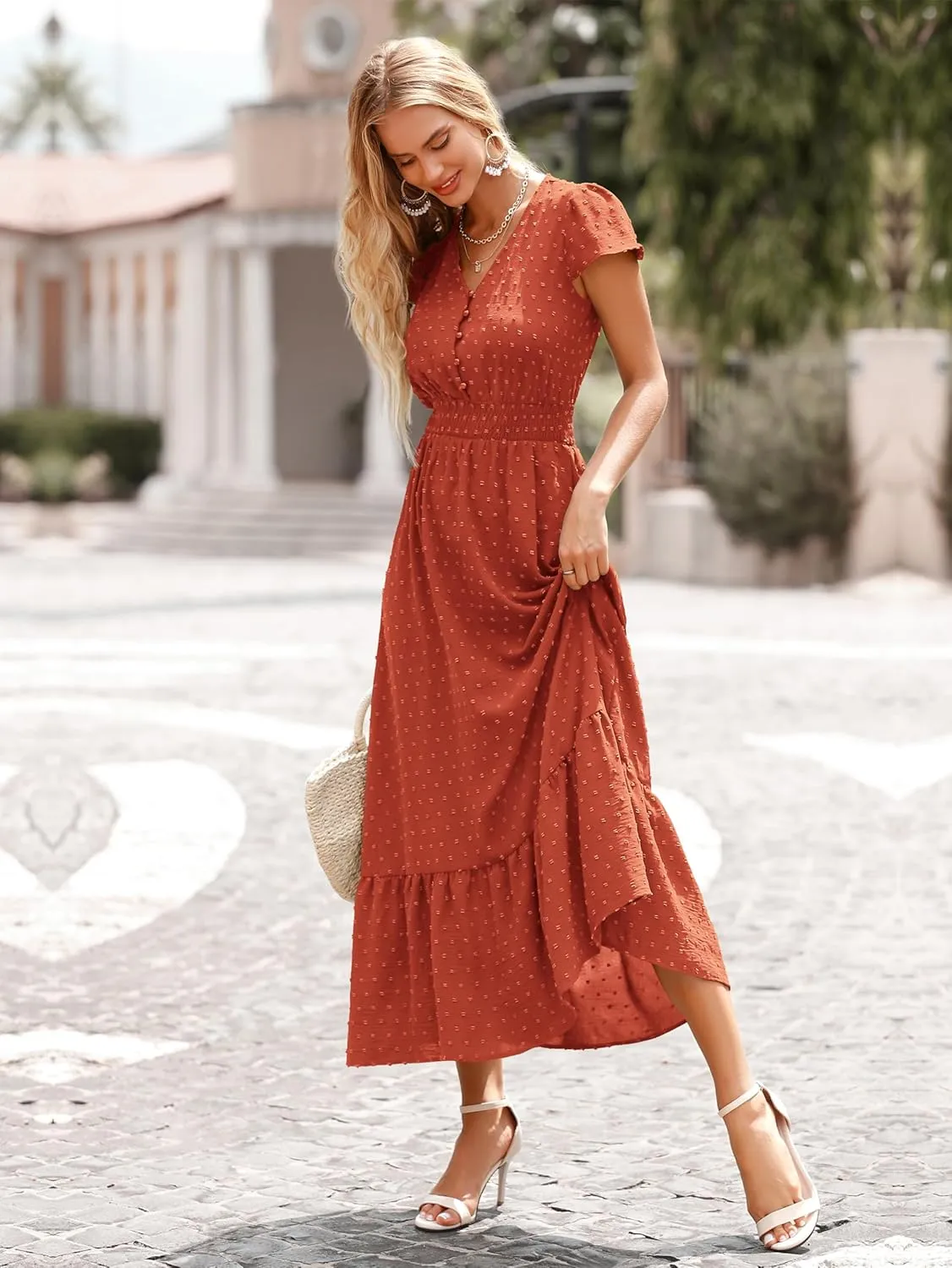 PRETTYGARDEN Womens Dresses 2025 Summer Maxi Dress Boho Short Sleeve V Neck Swiss Dot Ruffle Tiered Smocked Flowy Long Dress