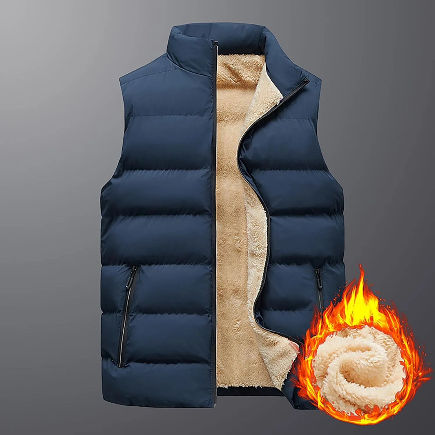 WENKOMG1 Winter Sherpa Lined Vest For Man,Solid Fleece Lined Packable Sleeveless Outerwear Zip Up Ski Vest Big And Tall