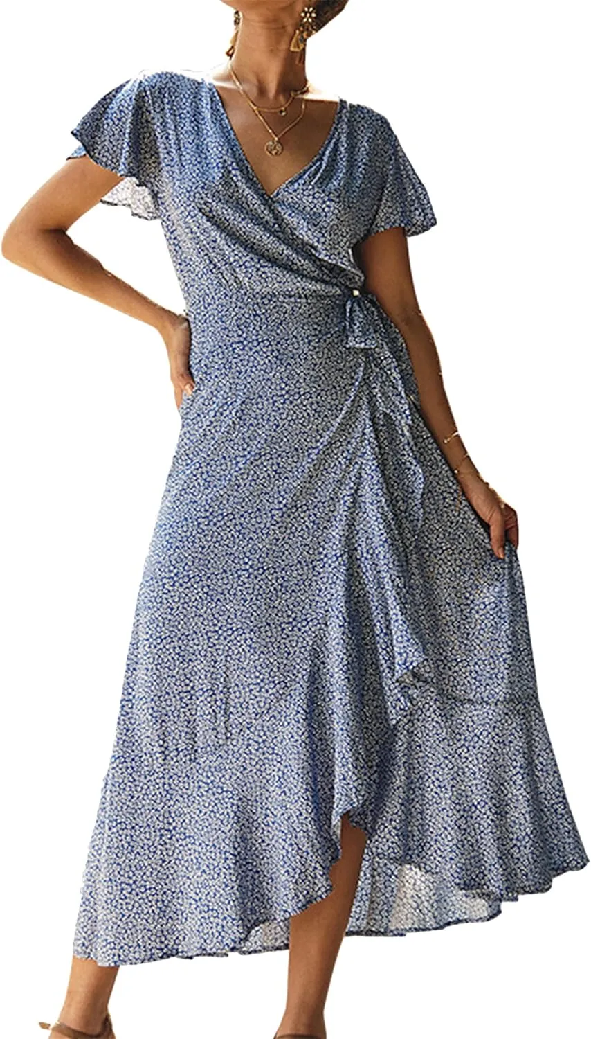 WIWIQS Women Summer New Floral Printed Irregularity Hem Short Sleeve Maxi Dress Casual V-Neck Beach Party Sundress