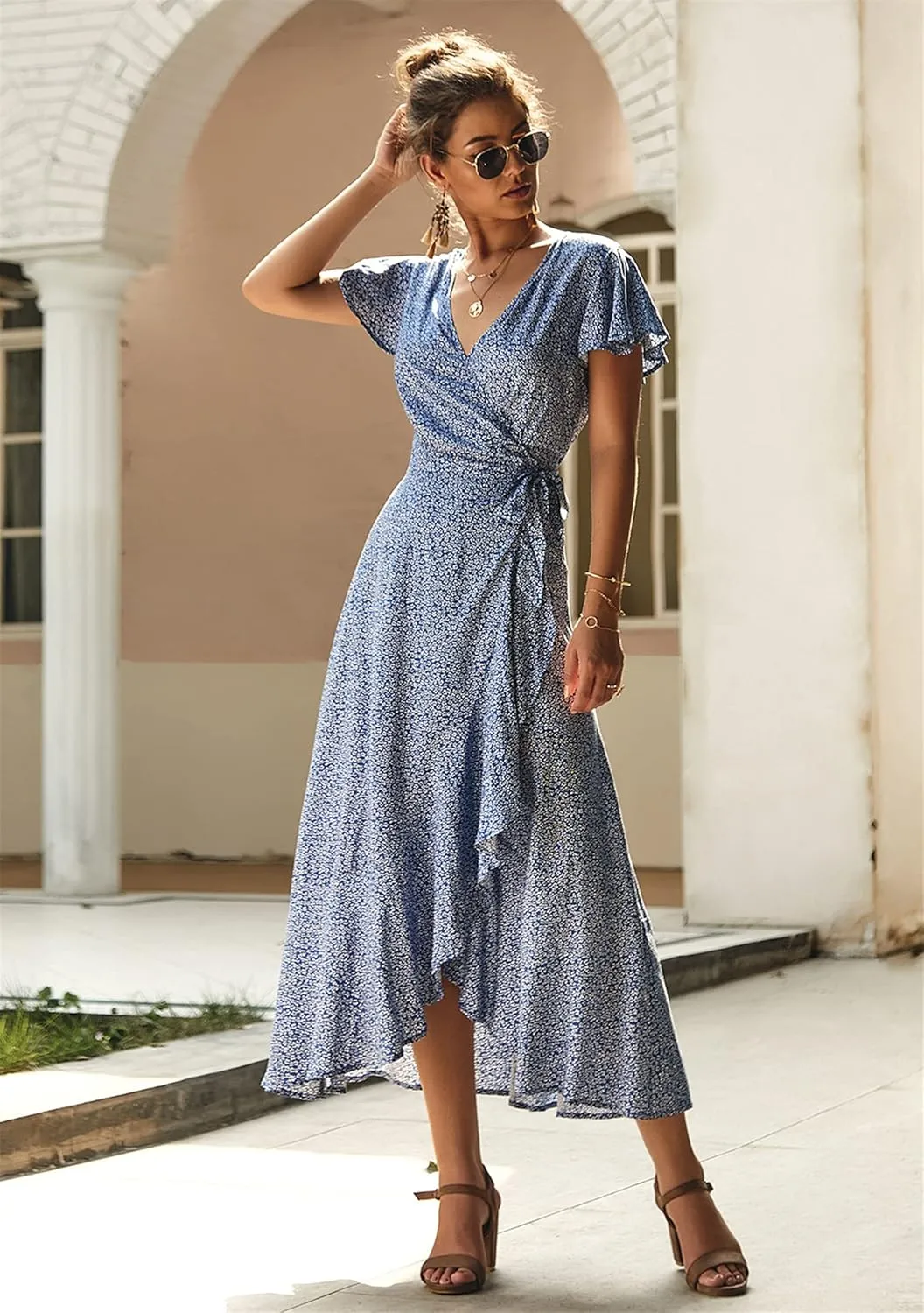 WIWIQS Women Summer New Floral Printed Irregularity Hem Short Sleeve Maxi Dress Casual V-Neck Beach Party Sundress