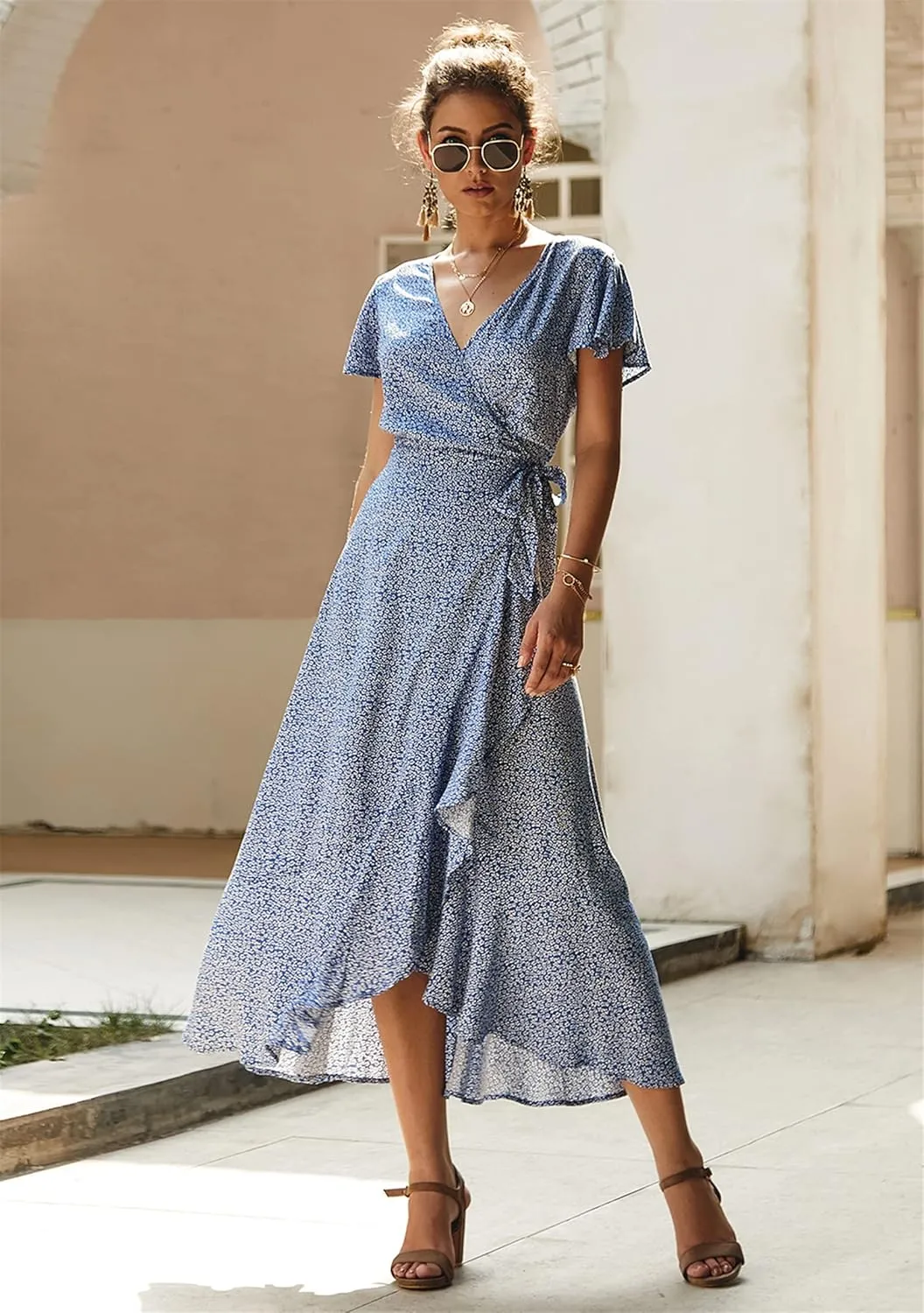 WIWIQS Women Summer New Floral Printed Irregularity Hem Short Sleeve Maxi Dress Casual V-Neck Beach Party Sundress