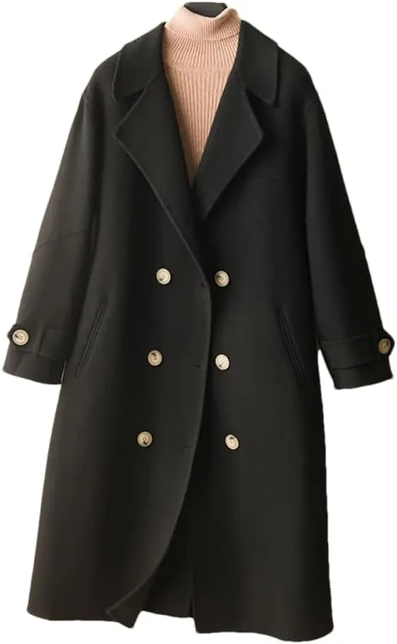 Women's Loose Wool Blend Coat Autumn And Winter Soft Double-Breasted Long Coat