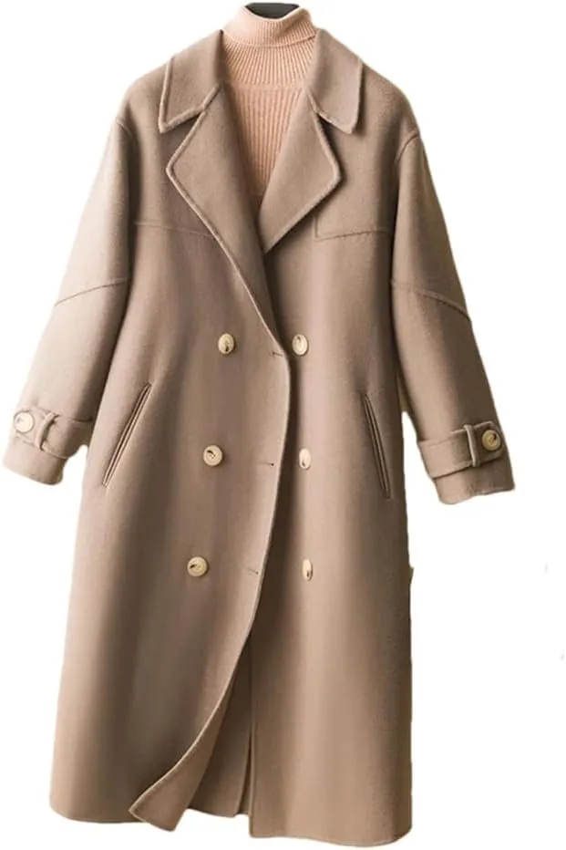 Women's Loose Wool Blend Coat Autumn And Winter Soft Double-Breasted Long Coat
