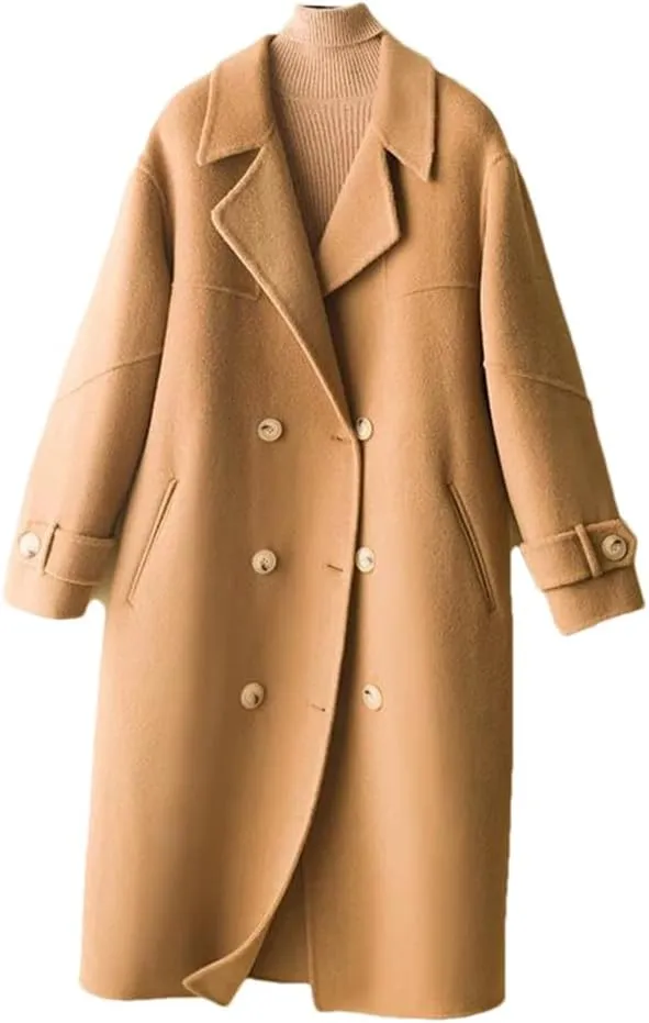 Women's Loose Wool Blend Coat Autumn And Winter Soft Double-Breasted Long Coat