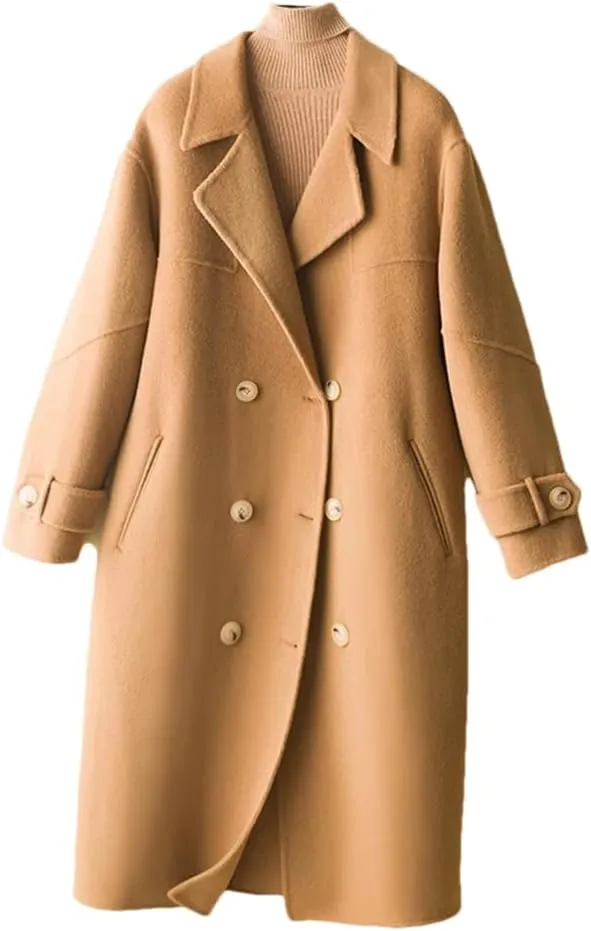 Women's Loose Wool Blend Coat Autumn And Winter Soft Double-Breasted Long Coat