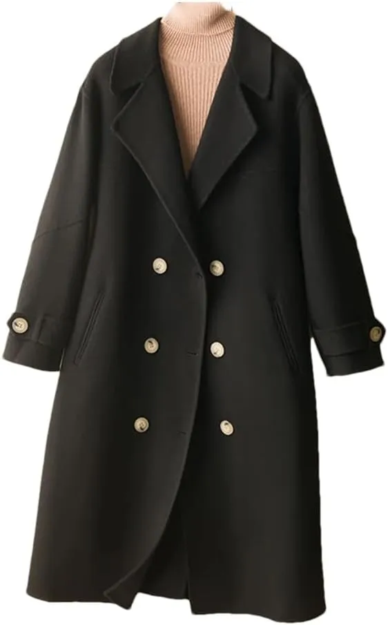 Women's Loose Wool Blend Coat Autumn And Winter Soft Double-Breasted Long Coat