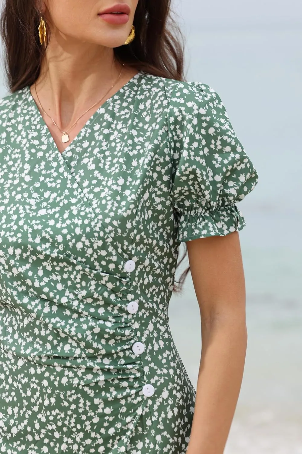 Women's Summer Wrap Dresses Floral Print Button V-Neck Polka Dot Dress Short Sleeve Ruffled Aline Midi Sundress Beach 2025