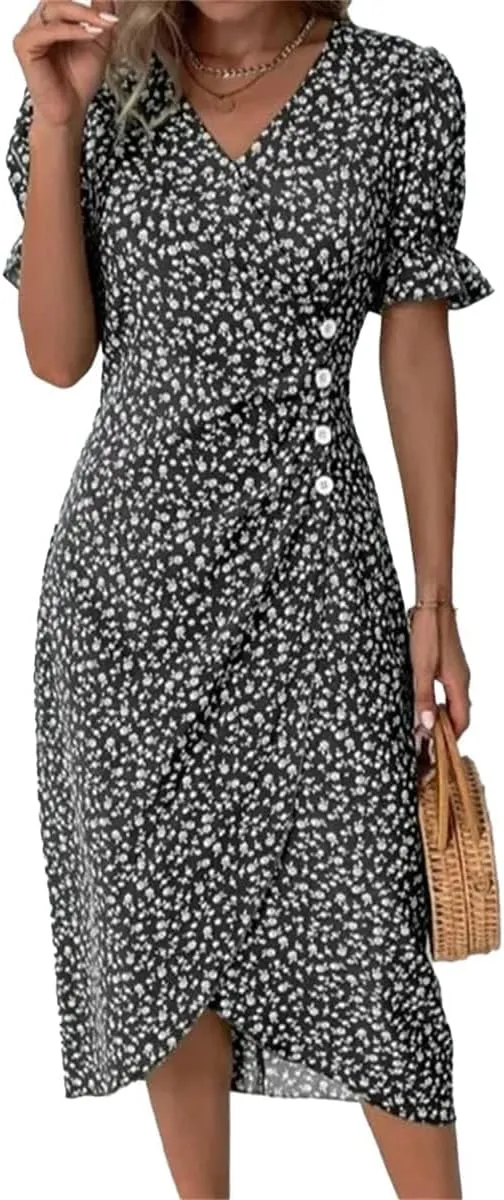 Women's Summer Wrap Dresses Floral Print Button V-Neck Polka Dot Dress Short Sleeve Ruffled Aline Midi Sundress Beach 2025