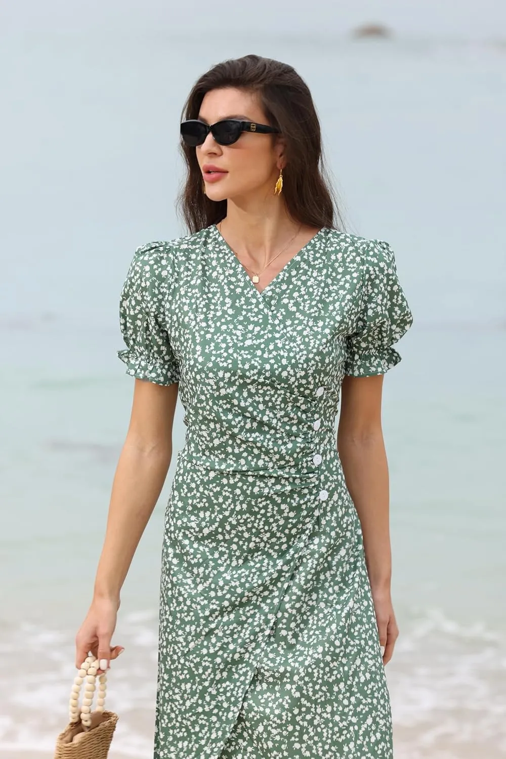Women's Summer Wrap Dresses Floral Print Button V-Neck Polka Dot Dress Short Sleeve Ruffled Aline Midi Sundress Beach 2025