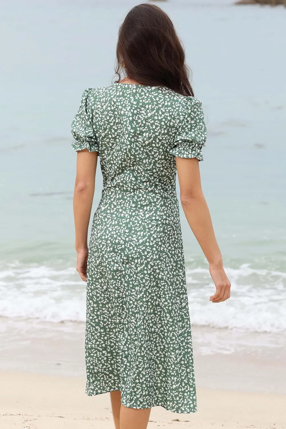 Women's Summer Wrap Dresses Floral Print Button V-Neck Polka Dot Dress Short Sleeve Ruffled Aline Midi Sundress Beach 2025