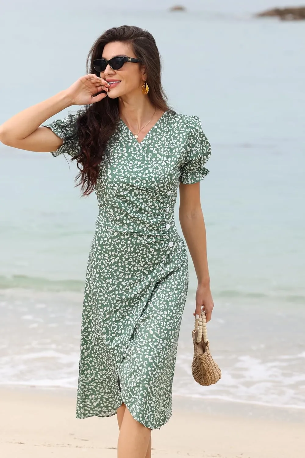 Women's Summer Wrap Dresses Floral Print Button V-Neck Polka Dot Dress Short Sleeve Ruffled Aline Midi Sundress Beach 2025