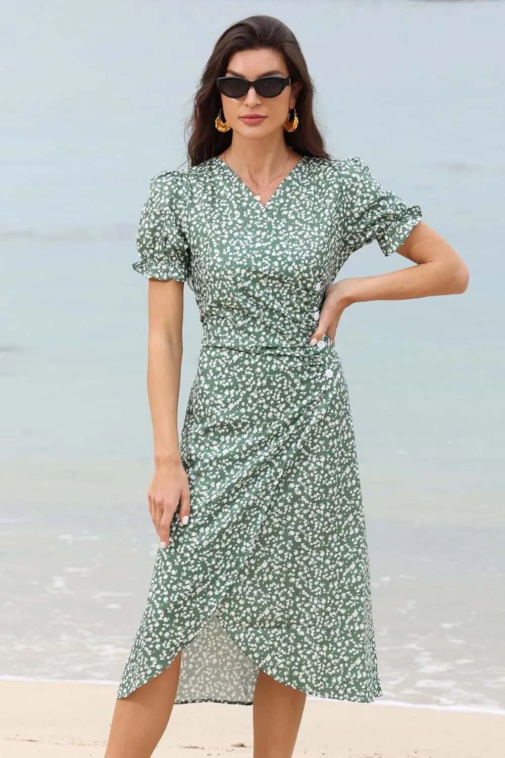 Women's Summer Wrap Dresses Floral Print Button V-Neck Polka Dot Dress Short Sleeve Ruffled Aline Midi Sundress Beach 2025